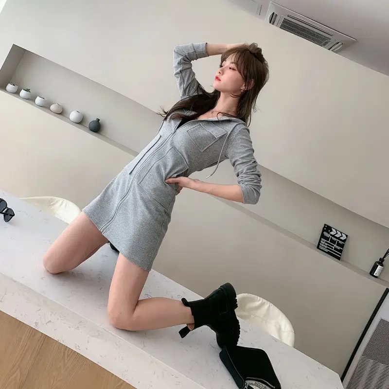 White Korean Style Hooded Zipper Dress for Women — feature 9