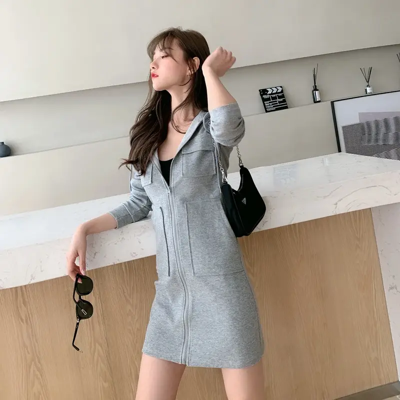 White Korean Style Hooded Zipper Dress for Women