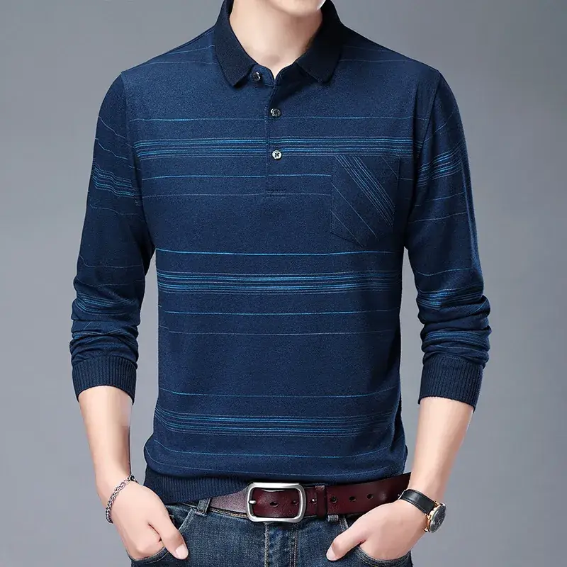 Men Long Sleeve Striped Polo Shirt Blue - Image 3