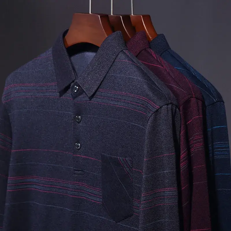 Men Long Sleeve Striped Polo Shirt Blue - Image 4
