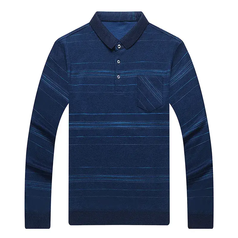 Men Long Sleeve Striped Polo Shirt Blue - Image 5