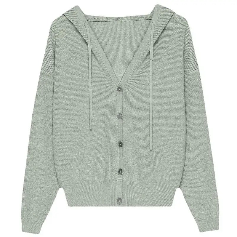 Women's Black Knitted Hooded Cardigan 2023 Spring - Image 12