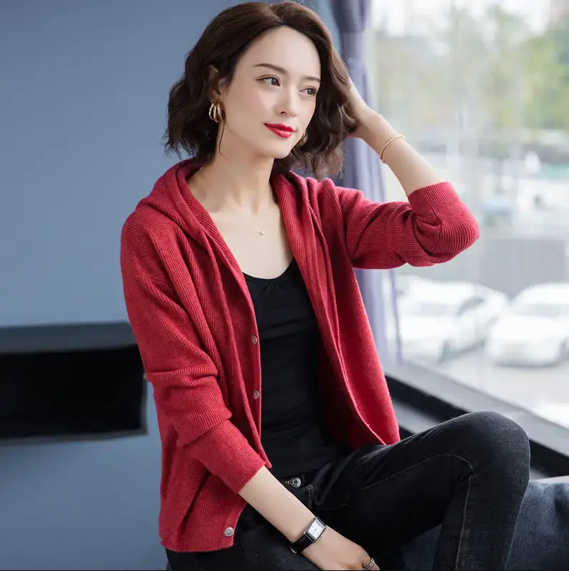 Women's Black Knitted Hooded Cardigan 2023 Spring - Image 4