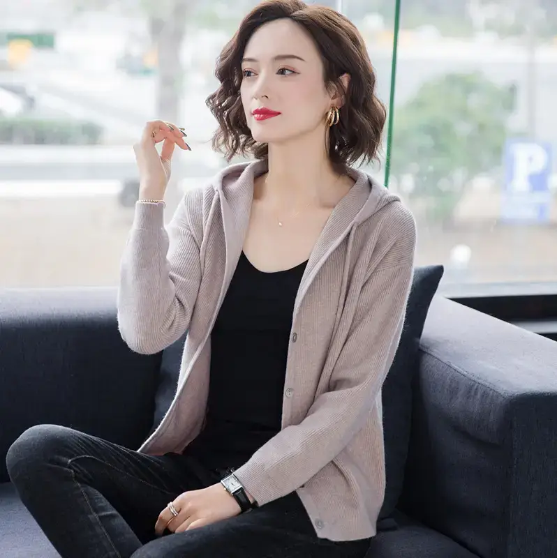 Women's Black Knitted Hooded Cardigan 2023 Spring - Image 5