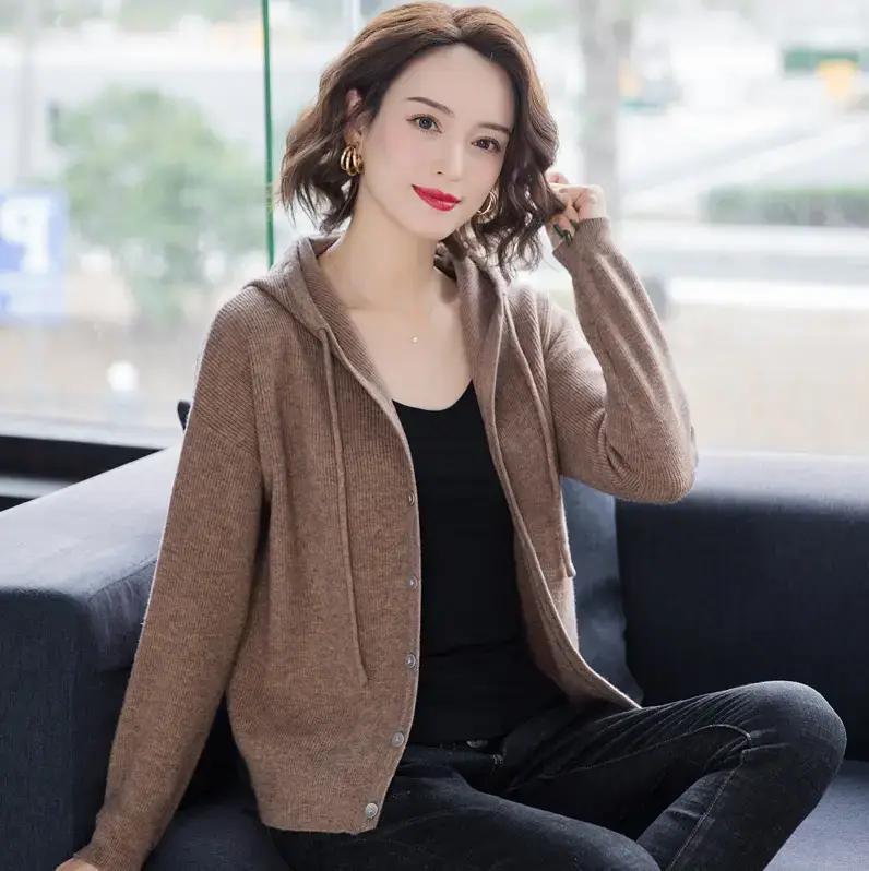 Women's Black Knitted Hooded Cardigan 2023 Spring - Image 6
