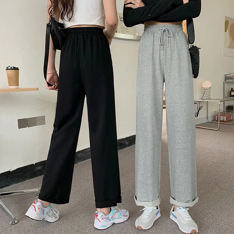Women Cotton High Waist Elastic Pants Loose Straight Wide Leg Sports
