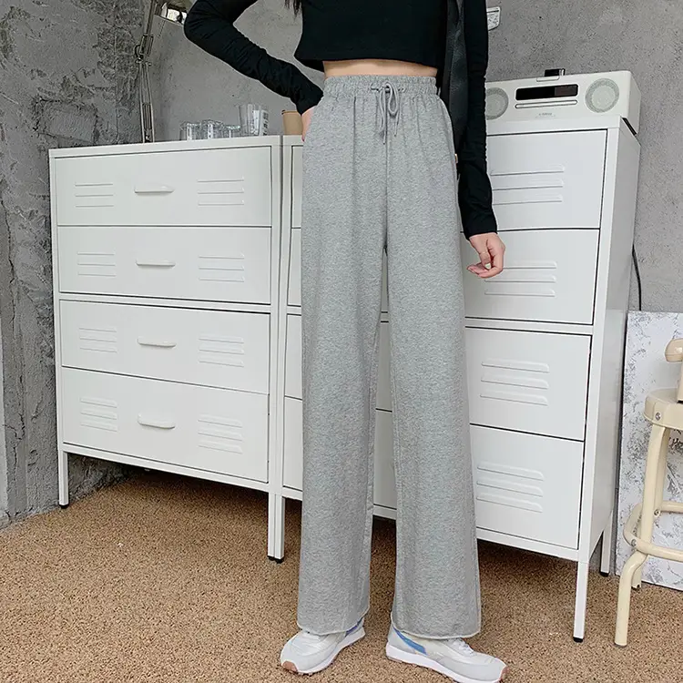 Women Cotton High Waist Elastic Pants Loose Straight Wide Leg Sports