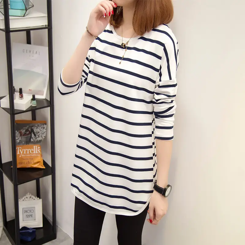 Women Striped Mid-Length T-Shirt Long Sleeve Loose Fit - Image 3