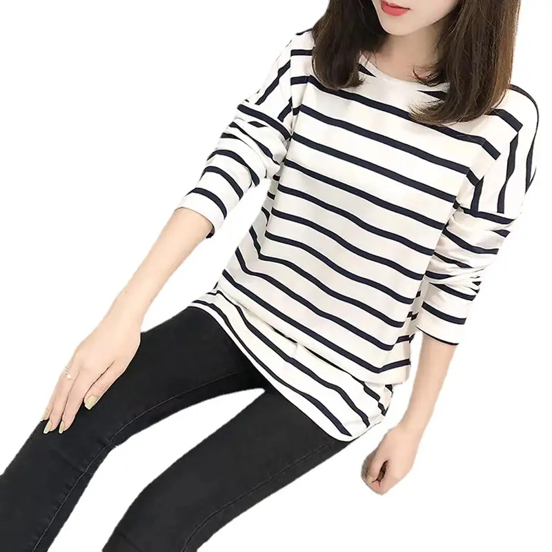 Women Striped Mid-Length T-Shirt Long Sleeve Loose Fit - Image 6