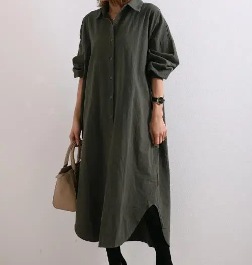 2026 Spring Plus Size Cotton Linen Shirt Dress Set - Image 4