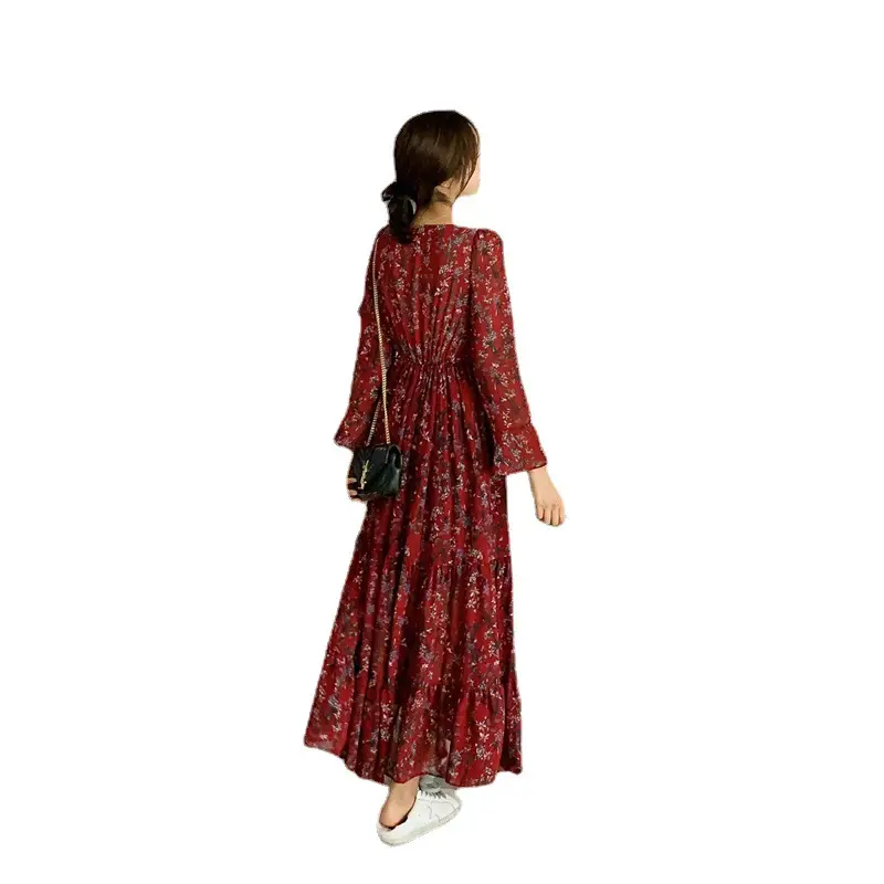 Long Red Floral V-Neck Skirt Suit for Women - Image 7