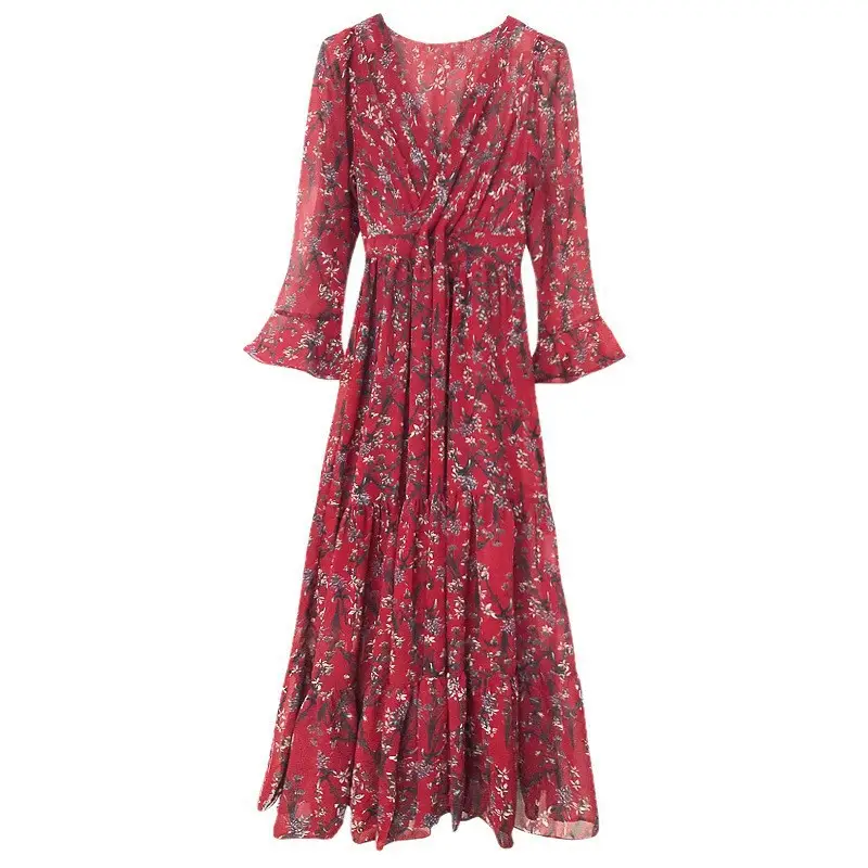 Long Red Floral V-Neck Skirt Suit for Women - Image 8