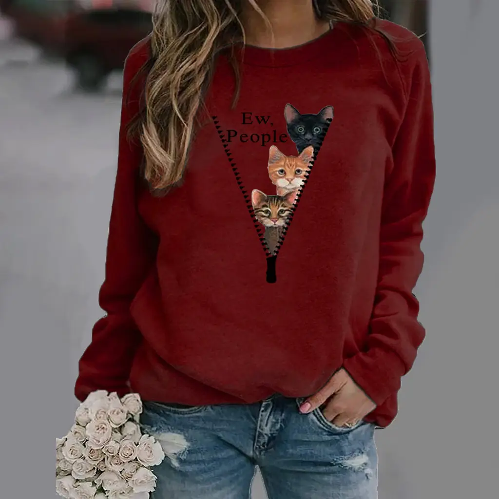 Green Cat Print Long Sleeve Women's Sweater - Image 11
