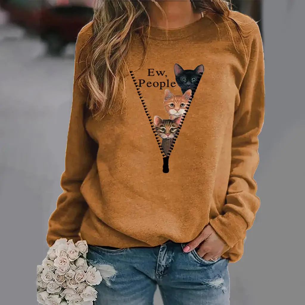 Green Cat Print Long Sleeve Women's Sweater - Image 2