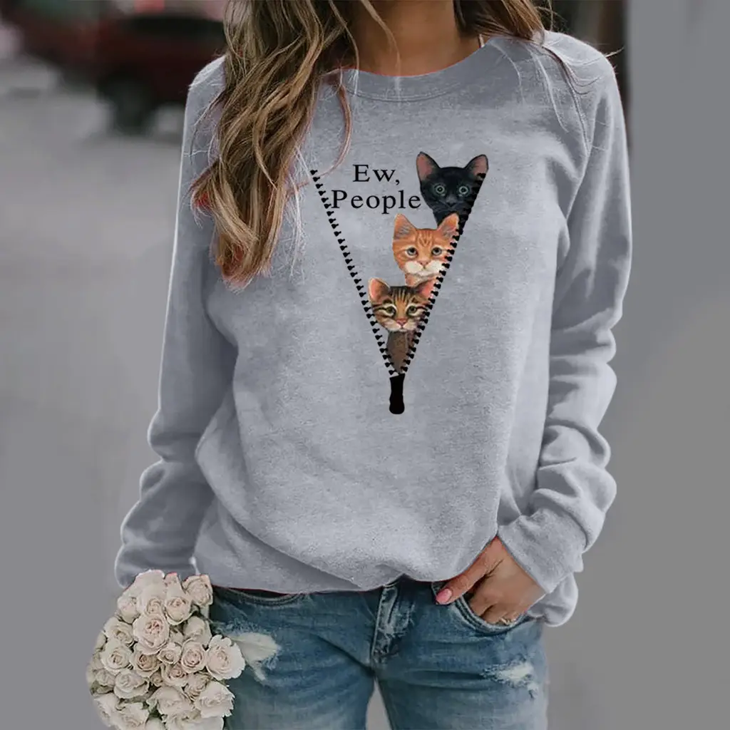 Green Cat Print Long Sleeve Women's Sweater - Image 7