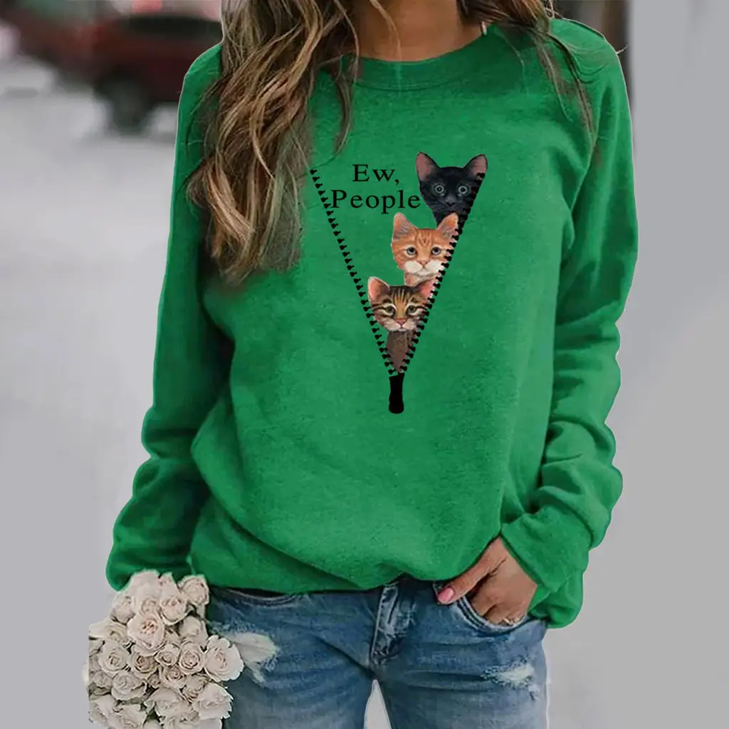 Green Cat Print Long Sleeve Women's Sweater - Image 8