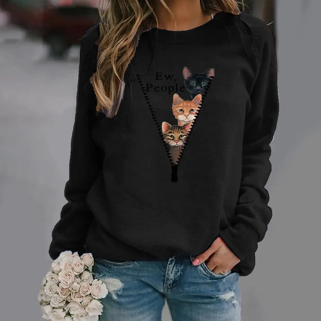 Green Cat Print Long Sleeve Women's Sweater - Image 9