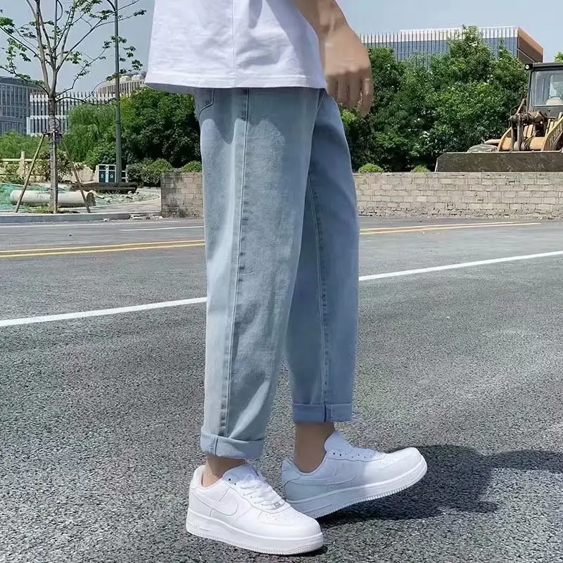 Men's Straight Cut Jeans Light Blue Loose Fit Casual Pants