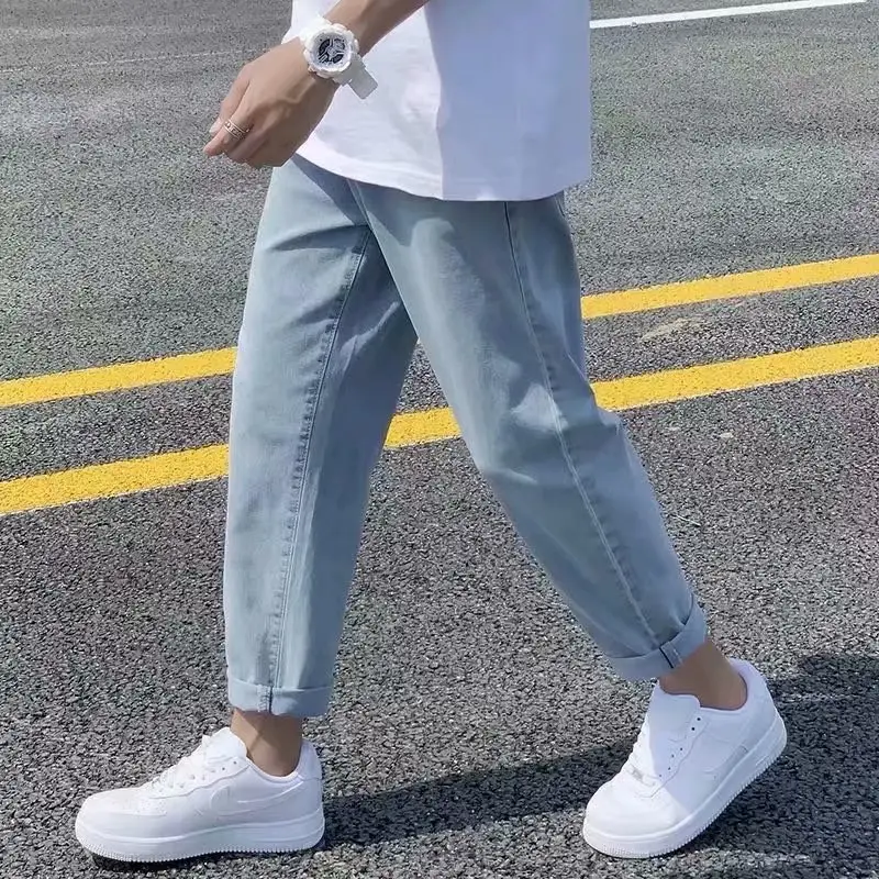 Men's Straight Cut Jeans Light Blue Loose Fit Casual Pants