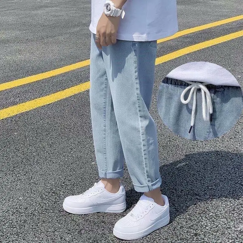Men's Straight Cut Jeans Light Blue Loose Fit Casual Pants