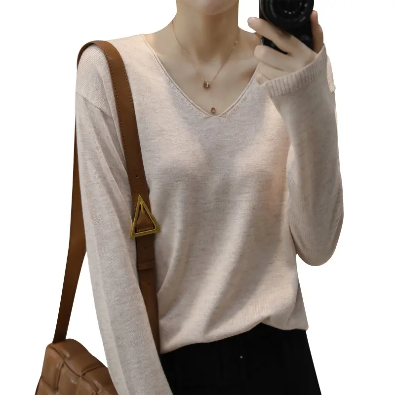 Women V-Neck Pullover Sweater Yellow Knit