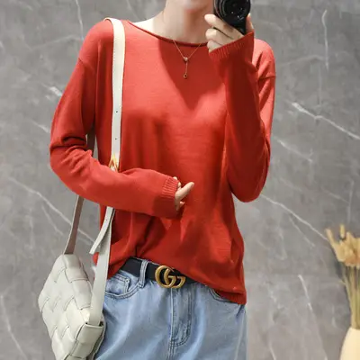 Women V-Neck Pullover Sweater Yellow Knit