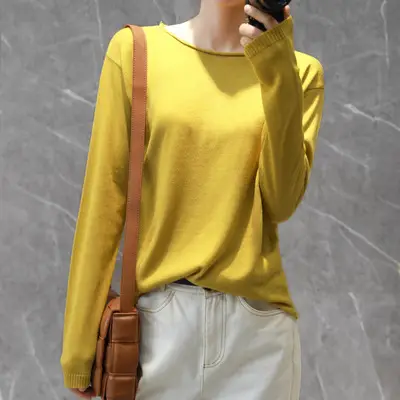 Women V-Neck Pullover Sweater Yellow Knit