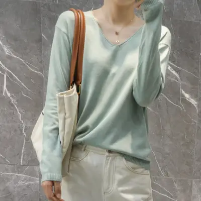 Women V-Neck Pullover Sweater Yellow Knit