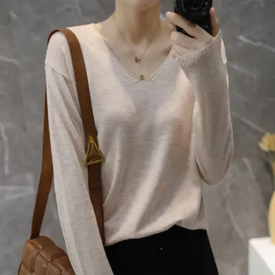 Women V-Neck Pullover Sweater Yellow Knit