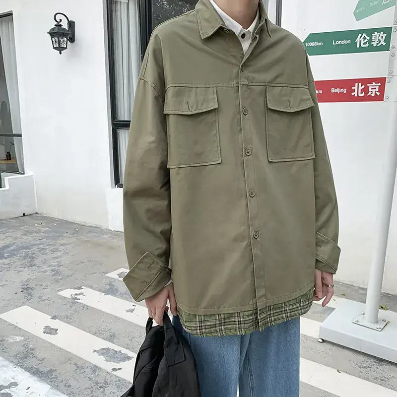 Men's Olive Green Loose Fit Jacket with Plaid Hem - Image 5