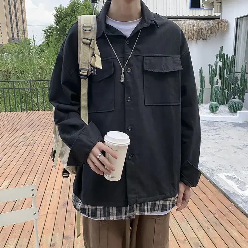 Men's Olive Green Loose Fit Jacket with Plaid Hem - Image 6