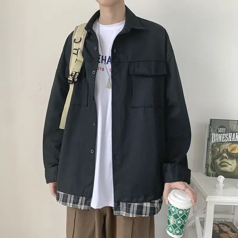 Men's Olive Green Loose Fit Jacket with Plaid Hem - Image 7