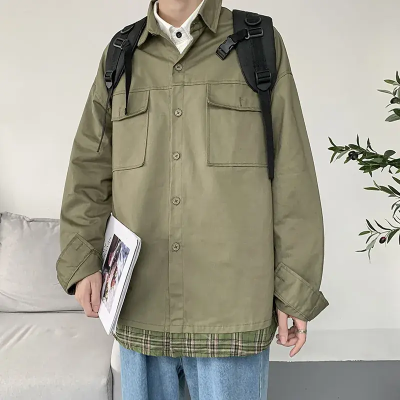 Men's Olive Green Loose Fit Jacket with Plaid Hem - Image 2