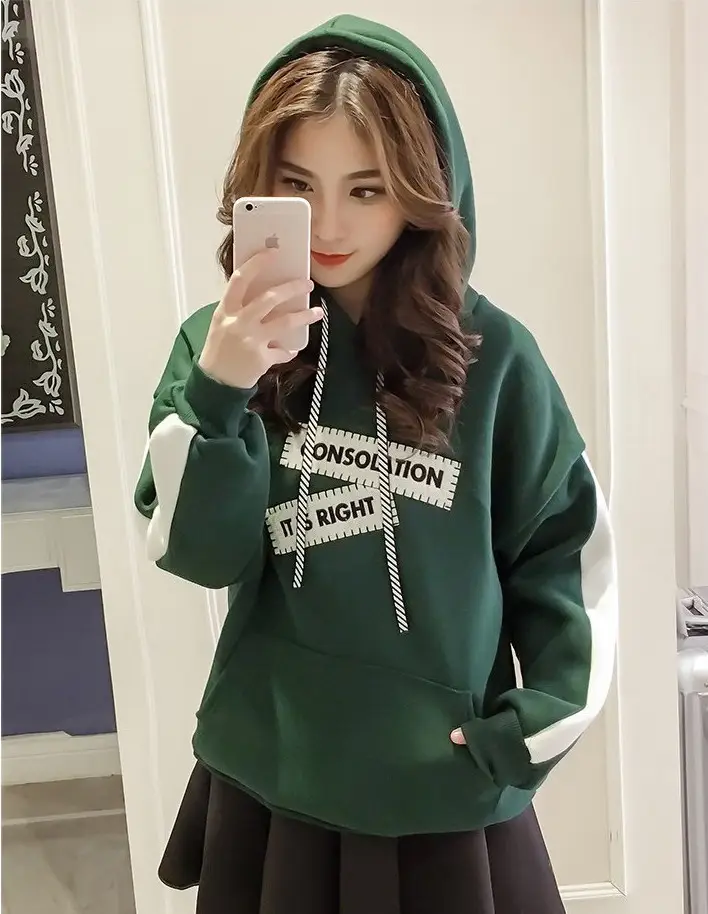 Women's Green Hooded Velvet Sweater Autumn Winter Warm - Image 7