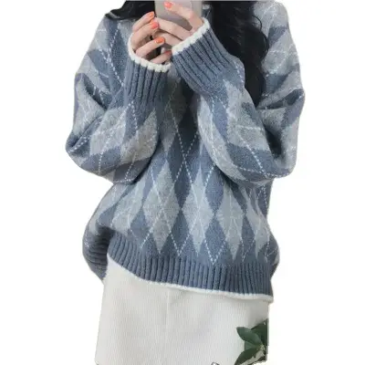 Women Lazy Sweater Winter 2026 Blue Diamond Pattern