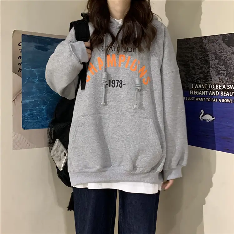 Women 2025 Letter Print Hooded Sweatshirt Navy - Image 5
