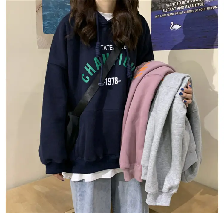 Women 2025 Letter Print Hooded Sweatshirt Navy — feature 2