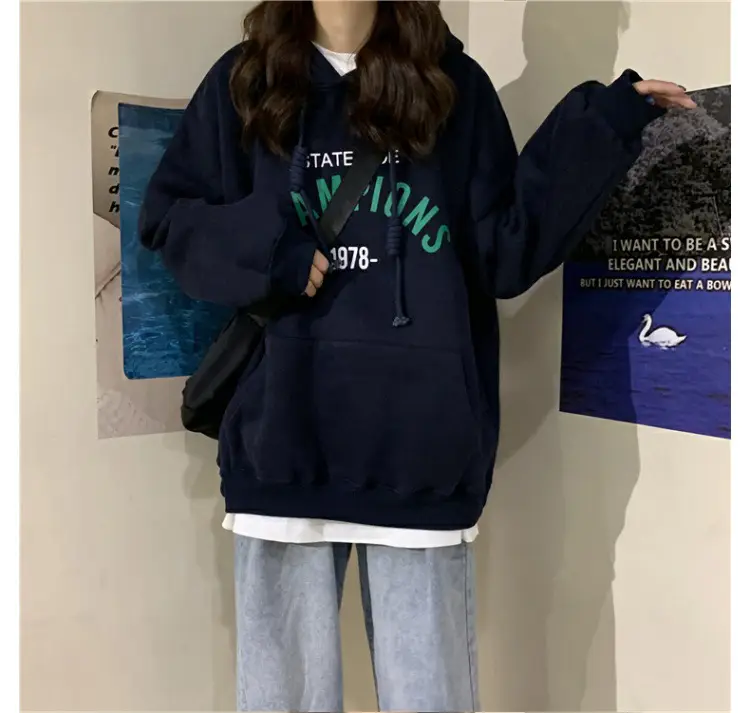 Women 2025 Letter Print Hooded Sweatshirt Navy — feature 3