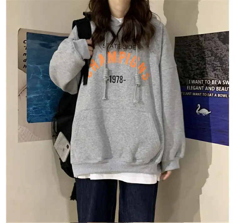 Women 2025 Letter Print Hooded Sweatshirt Navy — feature 4