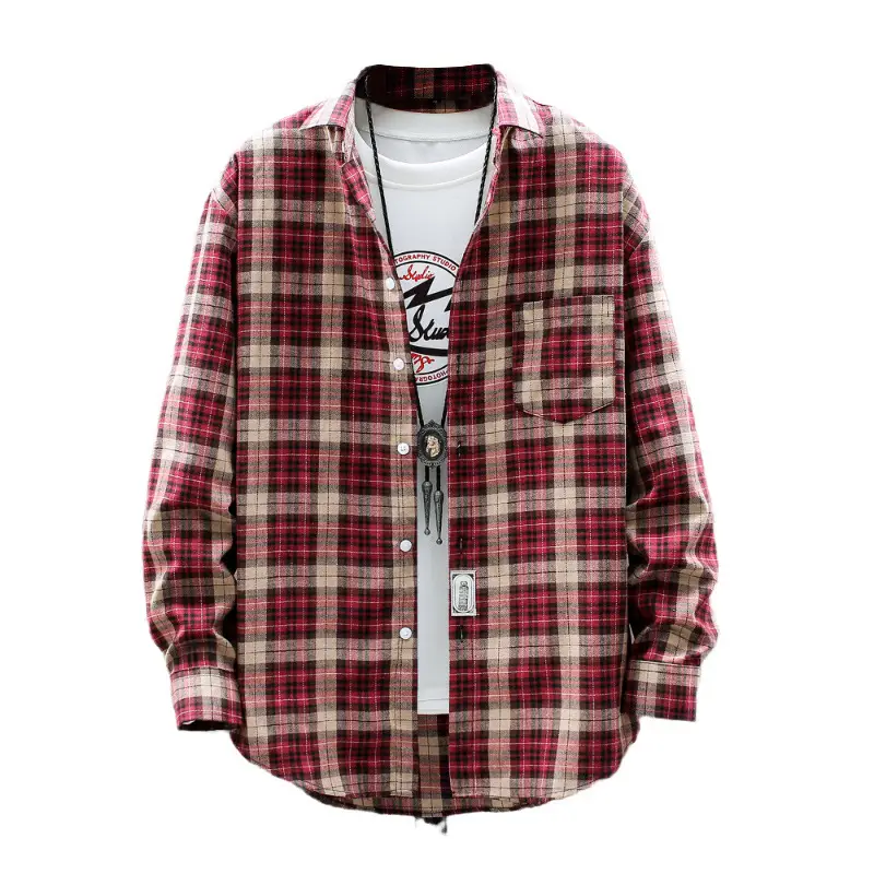 Men's Plaid Long Sleeve Shirt Red Brown Winter Casual Duffian - Image 7