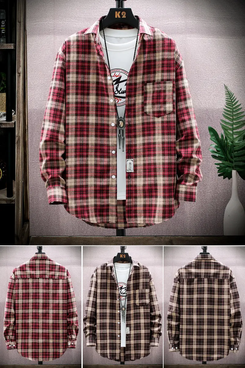 Men's Plaid Long Sleeve Shirt Red Brown Winter Casual Duffian - Image 8