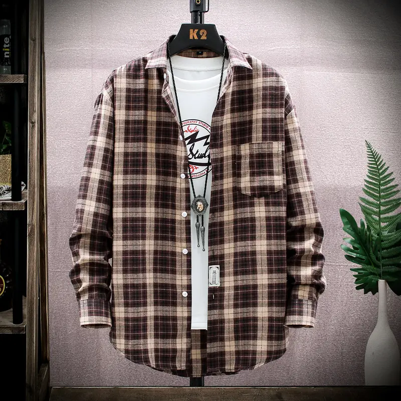 Men's Plaid Long Sleeve Shirt Red Brown Winter Casual Duffian - Image 2