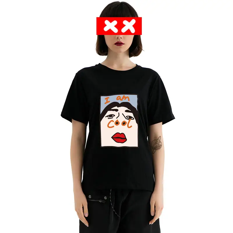 Women Black Cotton T-Shirt Large with Face Print - Image 7