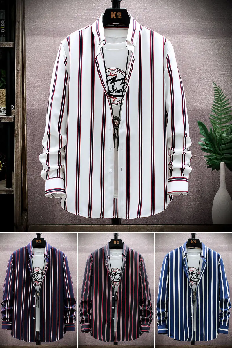 Men Striped Long Sleeve Shirt Slim Fit Korean Style - Image 12