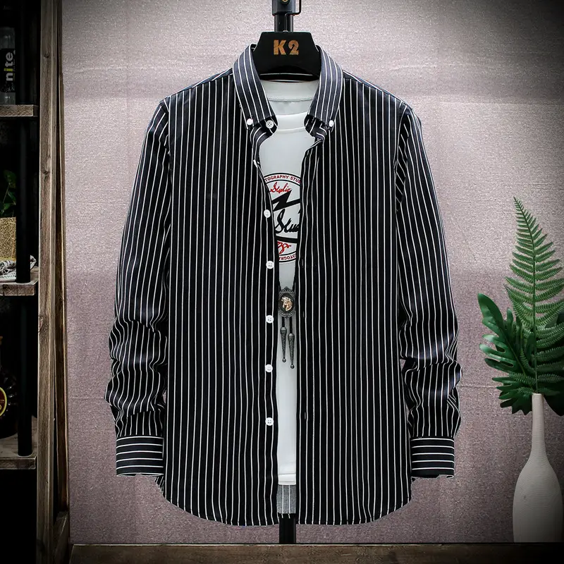 Men Striped Long Sleeve Shirt Slim Fit Korean Style - Image 3