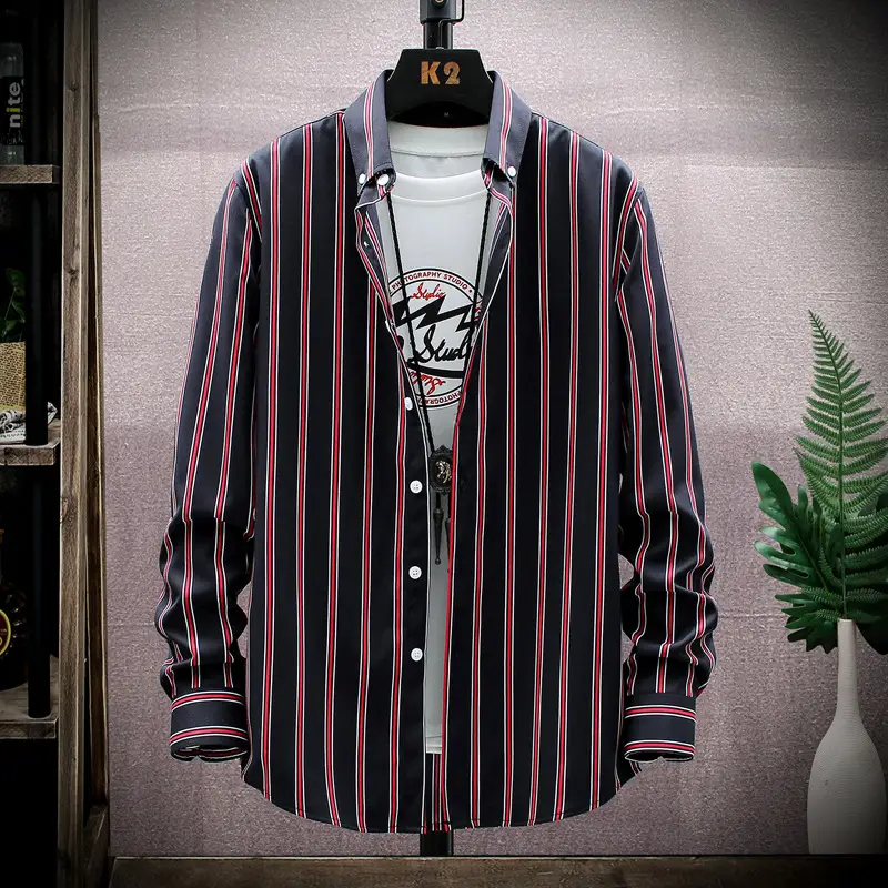 Men Striped Long Sleeve Shirt Slim Fit Korean Style - Image 4