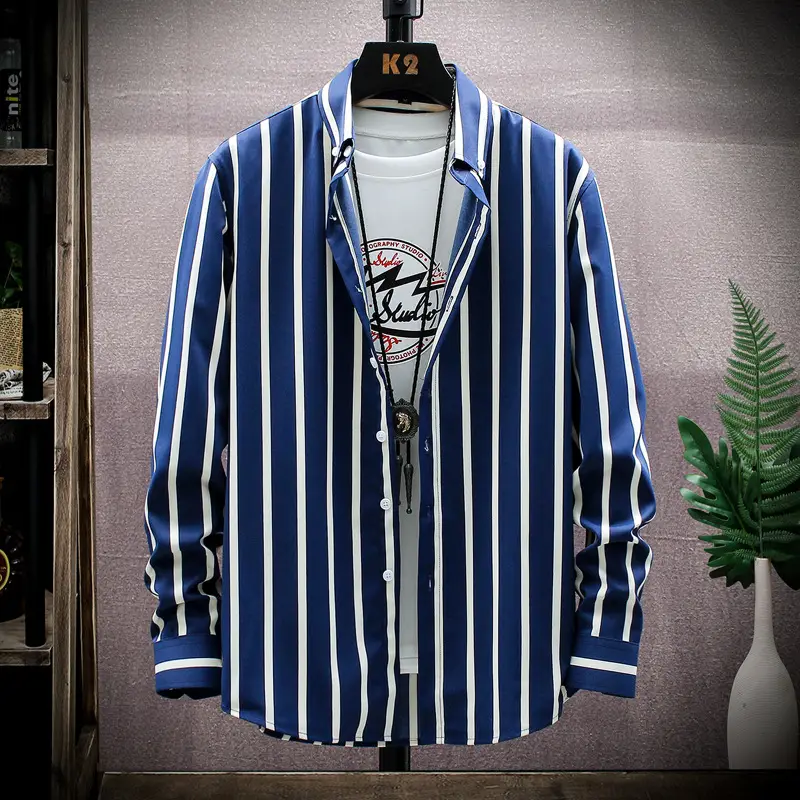 Men Striped Long Sleeve Shirt Slim Fit Korean Style - Image 5