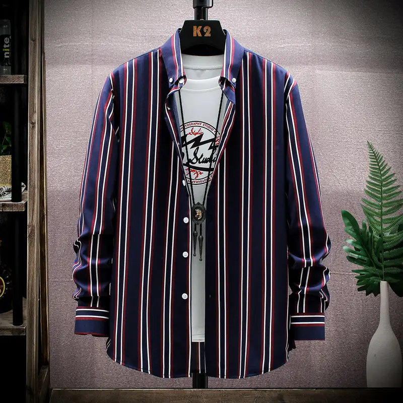 Men Striped Long Sleeve Shirt Slim Fit Korean Style - Image 6
