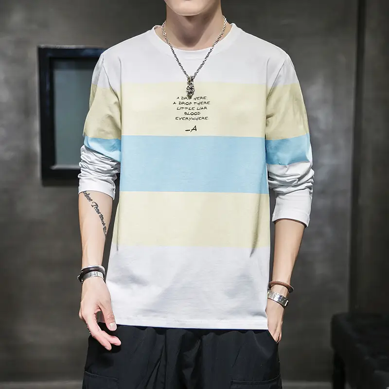 MM Autumn Men Long Sleeve T-Shirt Pink Yellow Striped - Image 2