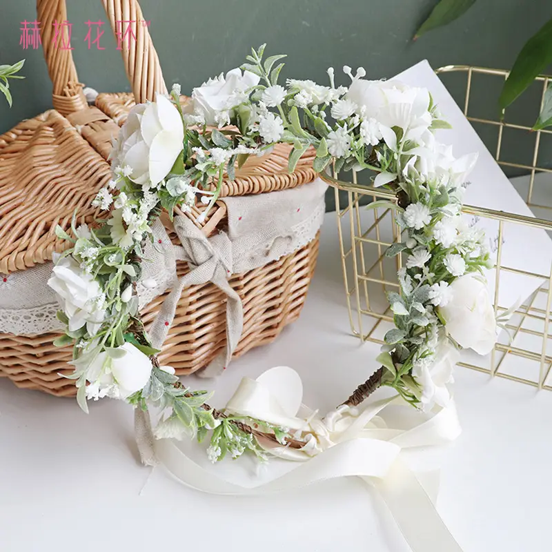 Korean Gypsophila Flower Crown for Bride & Camellia Bud Garland - Image 3